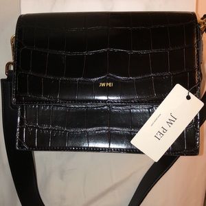 JW PEI Black Croc-Embossed Leather Crossbody Bag with Gold Logo